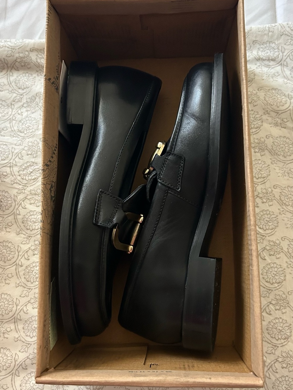 Free People Black Leather Loafers with Gold Buckle